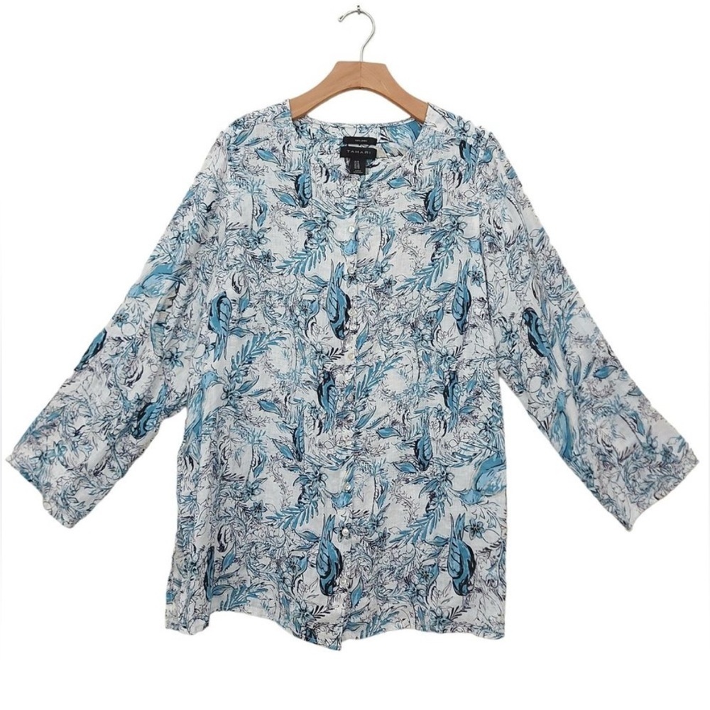 Tahari 100% Linen Tunic Top 1X Bird Novelty Print White Whimsical Cottagecore
